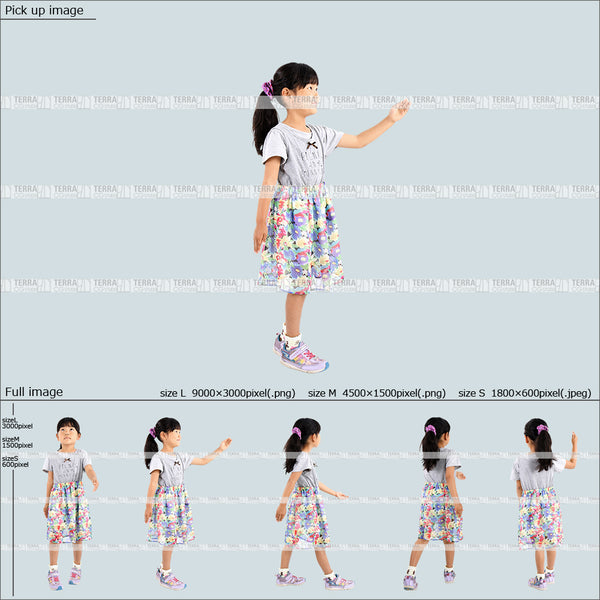 フリー人物切り抜き素材 Sサイズ無料 歩く カジュアル2子供女の子A 5方向セット
