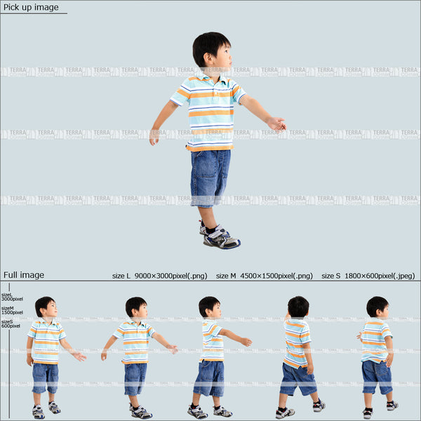 フリー人物切り抜き素材 無料お試し商品 歩く カジュアル2子供男の子A 5方向セット