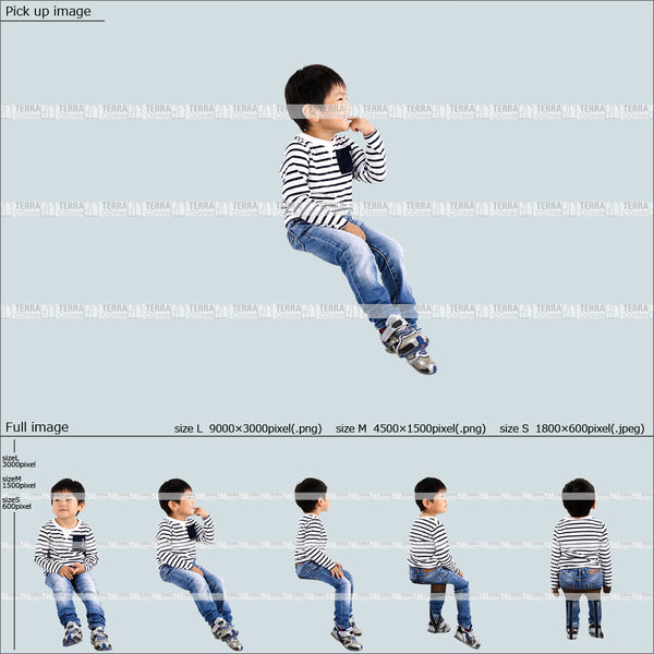 フリー人物切り抜き素材 Sサイズ無料 座る カジュアル1子供男の子A 5方向セット