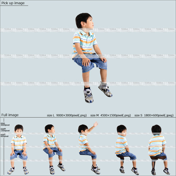 フリー人物切り抜き素材 Sサイズ無料 座る カジュアル2子供男の子A 5方向セット