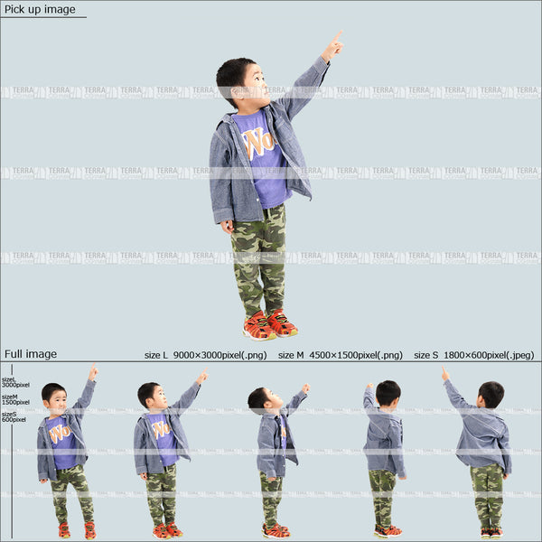 フリー人物切り抜き素材 指をさす 立つ 立ち止まる カジュアル1子供男の子A 5方向セット