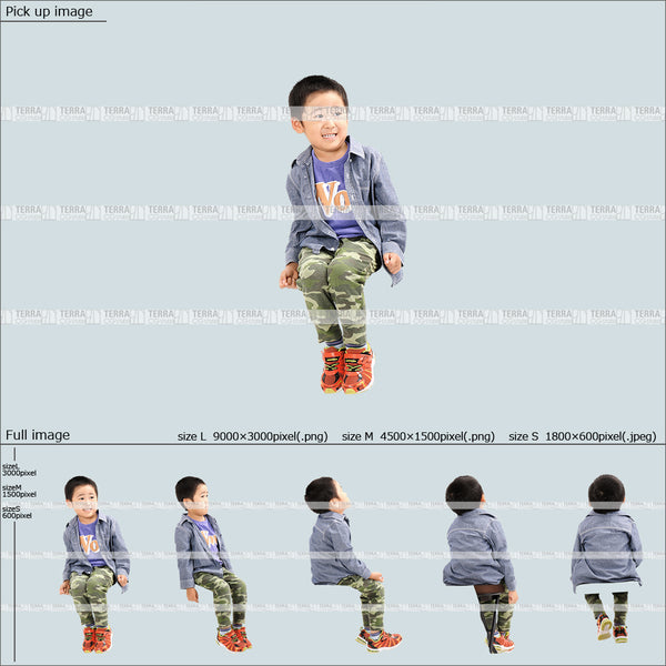 フリー人物切り抜き素材 座る カジュアル1子供男の子A 5方向セット