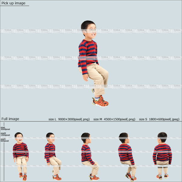 フリー人物切り抜き素材 座る カジュアル2子供男の子A 5方向セット