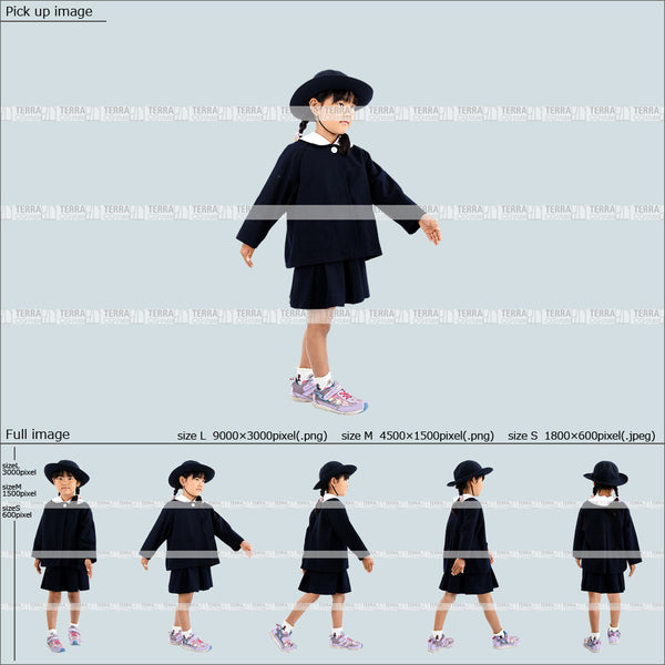 フリー人物切り抜き素材 Sサイズ無料 歩く 幼稚園 制服子供1女の子A 5方向セット