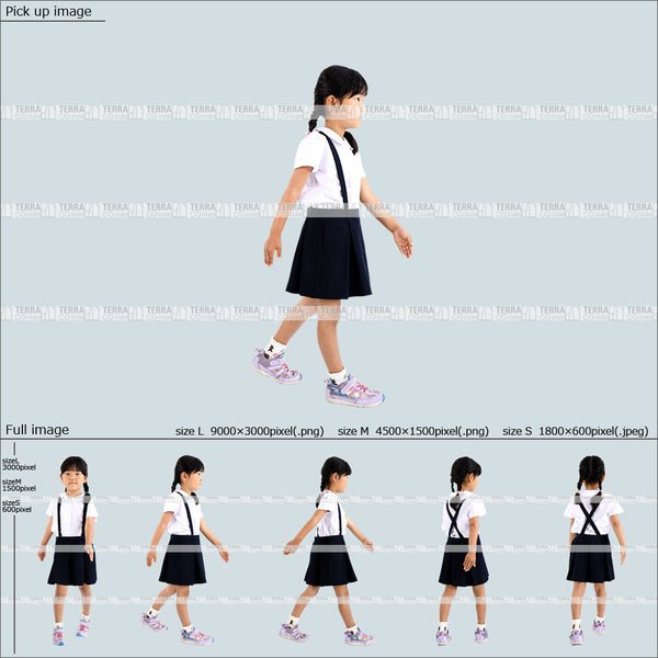 フリー人物切り抜き素材 Sサイズ無料 歩く 幼稚園 制服子供2女の子A 5方向セット