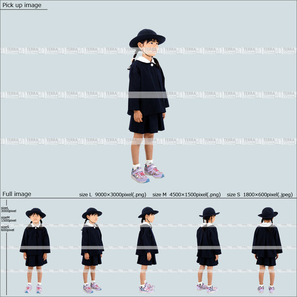 フリー人物切り抜き素材 Sサイズ無料 立つ 立ち止まる 幼稚園 制服子供1女の子A 5方向セット