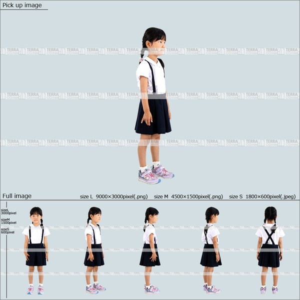 フリー人物切り抜き素材 Sサイズ無料 立つ 立ち止まる 幼稚園 制服子供2女の子A 5方向セット