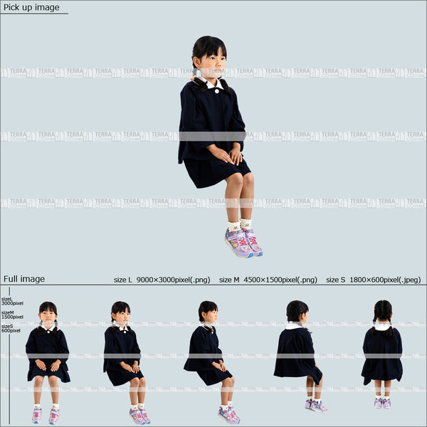 フリー人物切り抜き素材 Sサイズ無料 座る 幼稚園 制服子供1女の子A 5方向セット
