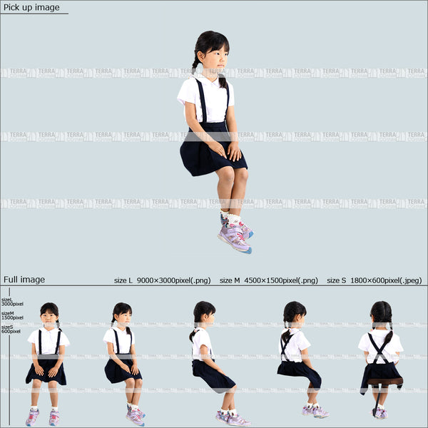 フリー人物切り抜き素材 Sサイズ無料 座る 幼稚園 制服子供2女の子A 5方向セット