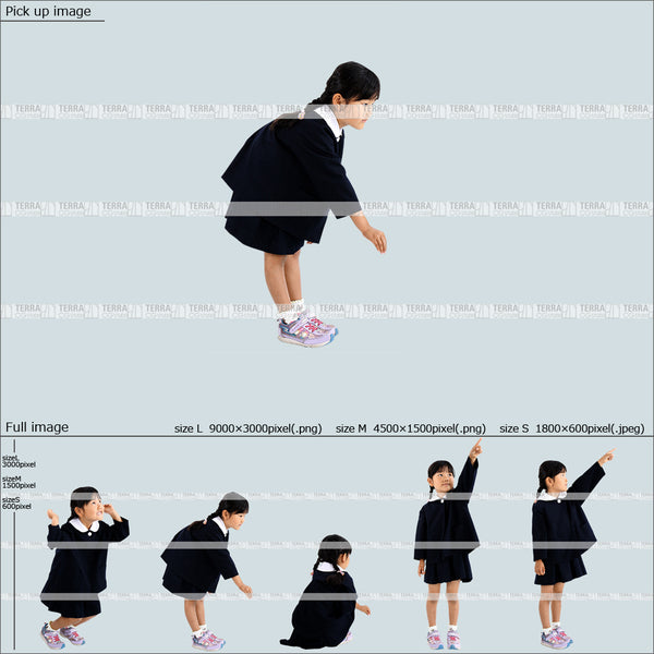 フリー人物切り抜き素材 Sサイズ無料 遊ぶ 制服子供1女の子A 5方向セット