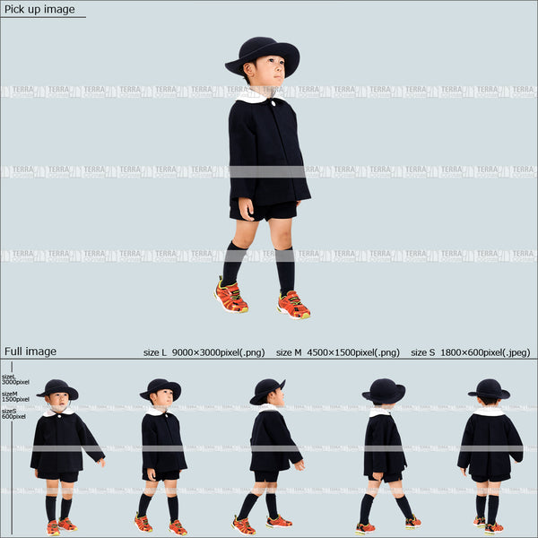 フリー人物切り抜き素材 歩く 幼稚園 制服子供1男の子A 5方向セット