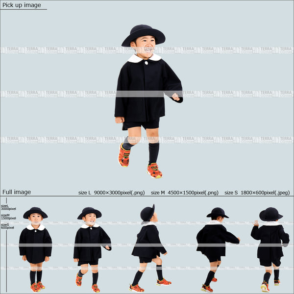 フリー人物切り抜き素材 走る 幼稚園 制服子供1男の子A 5方向セット
