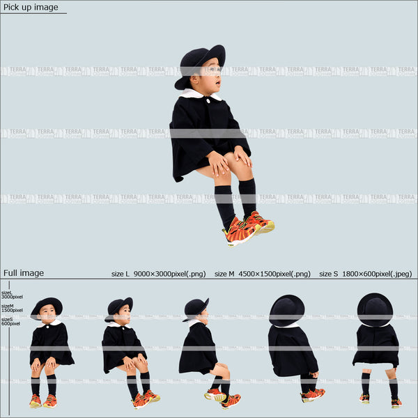 フリー人物切り抜き素材 座る 幼稚園 制服子供1男の子A 5方向セット