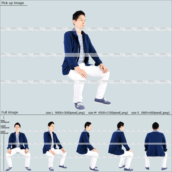 フリー人物切り抜き素材 Sサイズ無料 座るカジュアル1男性A 5方向セット
