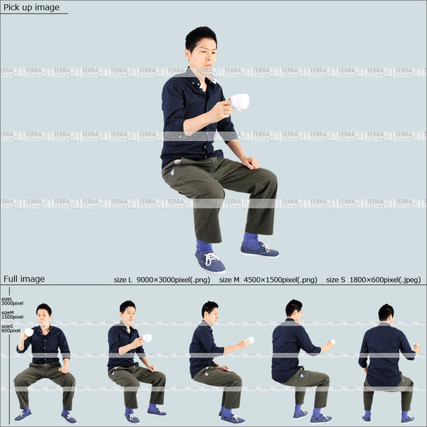 フリー人物切り抜き素材 Sサイズ無料 カフェ コーヒーを飲む 座るカジュアル2男性A 5方向セット