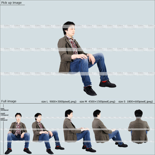 フリー人物切り抜き素材 Sサイズ無料 ローソファ 段差 階段 低い椅子 座るカジュアル1男性B 5方向セット