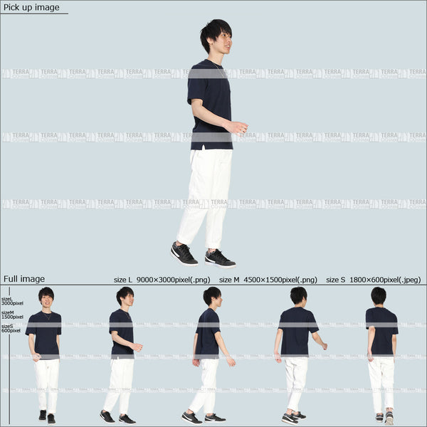 フリー人物切り抜き素材 Sサイズ無料 夏服 歩くカジュアル1男性D 5方向セット