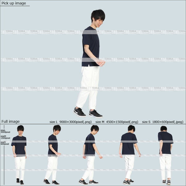 フリー人物切り抜き素材 Sサイズ無料 夏服 下 見る 見下ろす 歩くカジュアル1男性D 5方向セット
