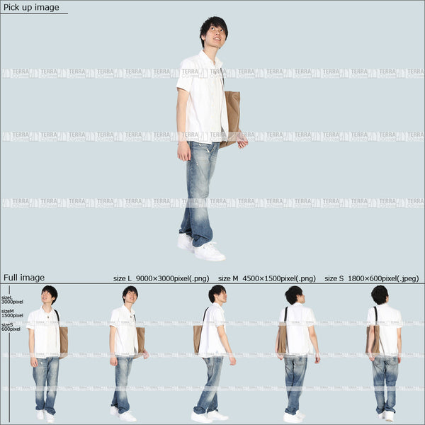フリー人物切り抜き素材 Sサイズ無料 夏服 上 見る 見上げる 歩くカジュアル2男性D 5方向セット