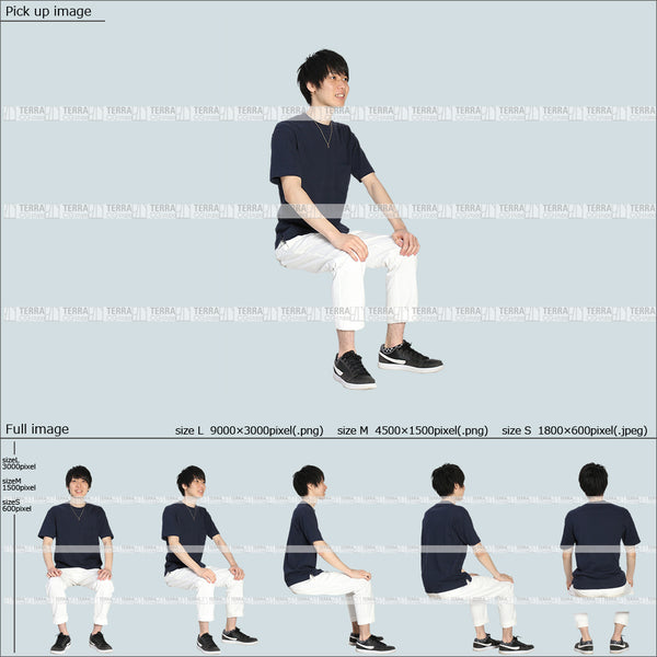 フリー人物切り抜き素材 Sサイズ無料 夏服 前 話す 座るカジュアル1男性D 5方向セット