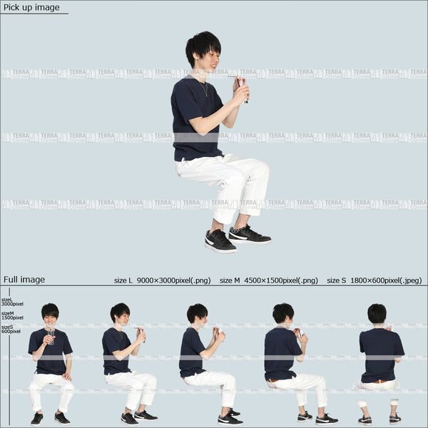 フリー人物切り抜き素材 Sサイズ無料 夏服 グラス コップ ドリンクを飲む 座るカジュアル1男性D 5方向セット