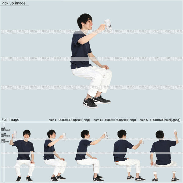 フリー人物切り抜き素材 Sサイズ無料 夏服 ジョッキ ビールを飲む 座るカジュアル2男性D 5方向セット