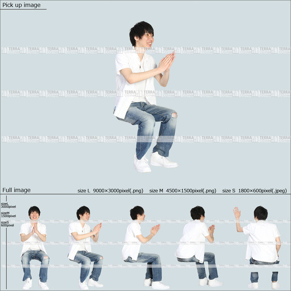 フリー人物切り抜き素材 Sサイズ無料 夏服 前 話す 座るカジュアル2男性D 5方向セット