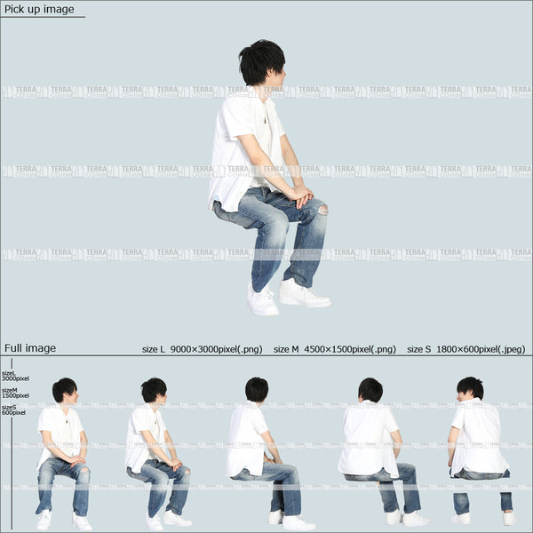 フリー人物切り抜き素材 Sサイズ無料 夏服 横 話す 座るカジュアル2男性D 5方向セット