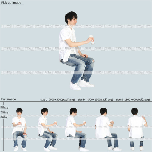 フリー人物切り抜き素材 Sサイズ無料 夏服 グラス コップ ドリンクを飲む 座るカジュアル2男性D 5方向セット