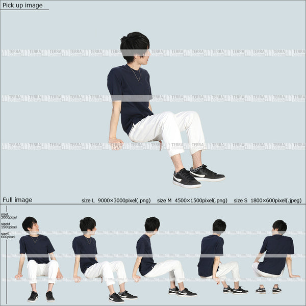 フリー人物切り抜き素材 Sサイズ無料 夏服 ローソファ 横 話す 段差 階段 低い椅子 座るカジュアル1男性D 5方向セット