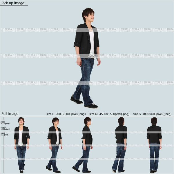 フリー人物切り抜き素材 Sサイズ無料 春服 歩くカジュアル1男性E 5方向セット