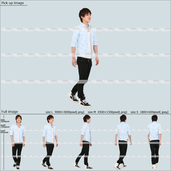 フリー人物切り抜き素材 Sサイズ無料 夏服 歩くカジュアル1男性E 5方向セット