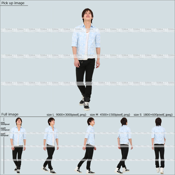 フリー人物切り抜き素材 Sサイズ無料 夏服 上 見る 見上げる 歩くカジュアル1男性E 5方向セット