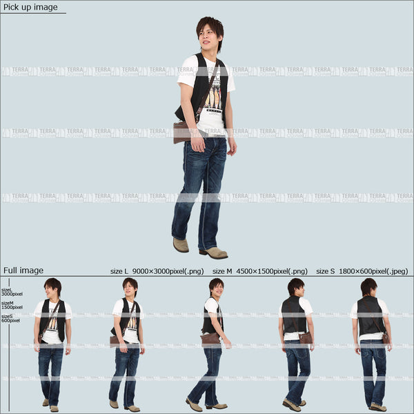 フリー人物切り抜き素材 Sサイズ無料 夏服 歩くカジュアル2男性E 5方向セット
