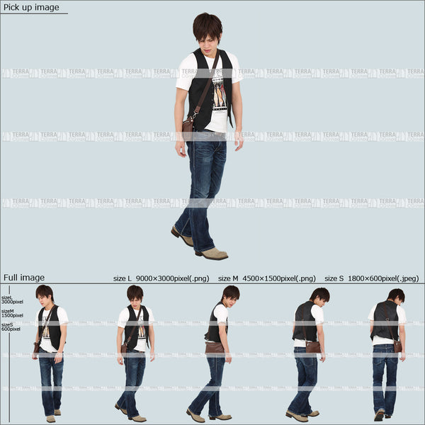 フリー人物切り抜き素材 Sサイズ無料 夏服 下 見る 見下ろす 歩くカジュアル2男性E 5方向セット