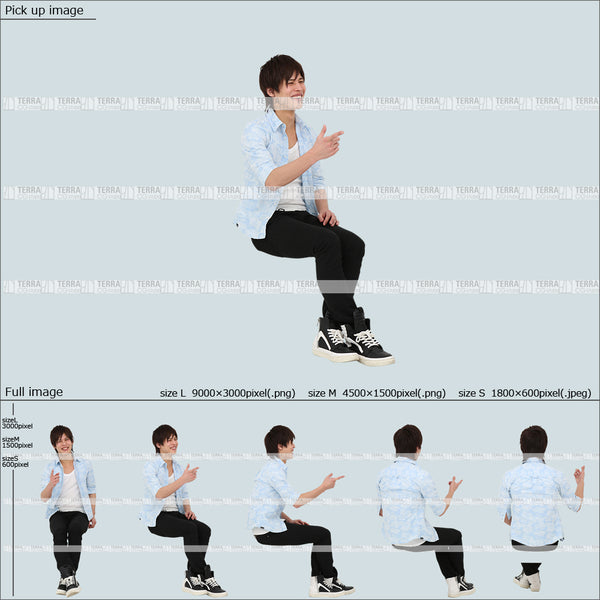 フリー人物切り抜き素材 Sサイズ無料 夏服 前 話す 座るカジュアル1男性E 5方向セット