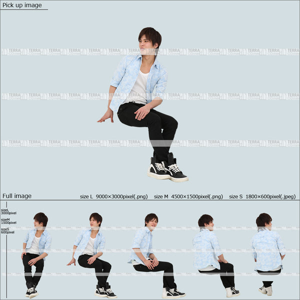 フリー人物切り抜き素材 Sサイズ無料 夏服 横 話す 座るカジュアル1男性E 5方向セット