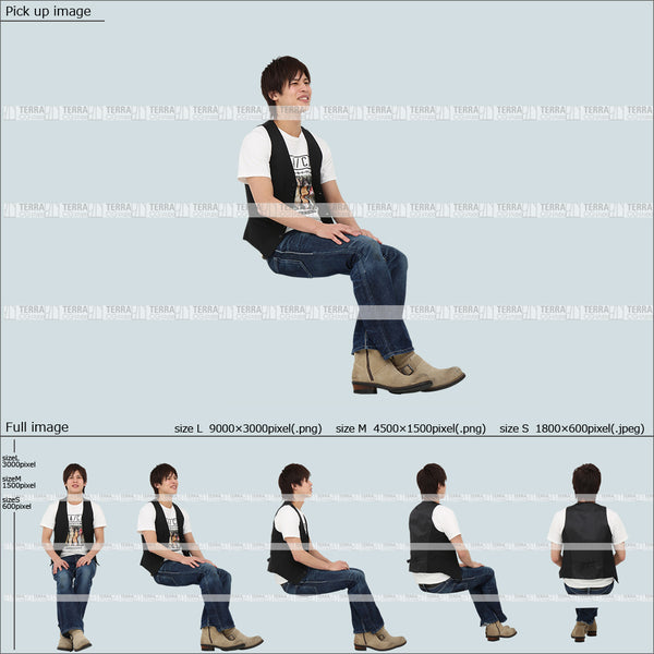 フリー人物切り抜き素材 Sサイズ無料 夏服 前 話す 座るカジュアル2男性E 5方向セット