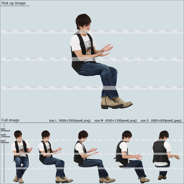 フリー人物切り抜き素材 Sサイズ無料 夏服 メニュー 手に持つ 座るカジュアル2男性E 5方向セット