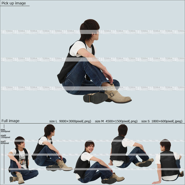 フリー人物切り抜き素材 Sサイズ無料 夏服 地面 床に座るカジュアル2男性E 5方向セット