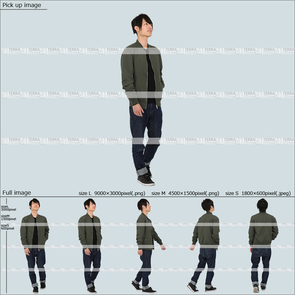 フリー人物切り抜き素材 Sサイズ無料 春服 上 見る 見上げる 歩くカジュアル1男性F 5方向セット