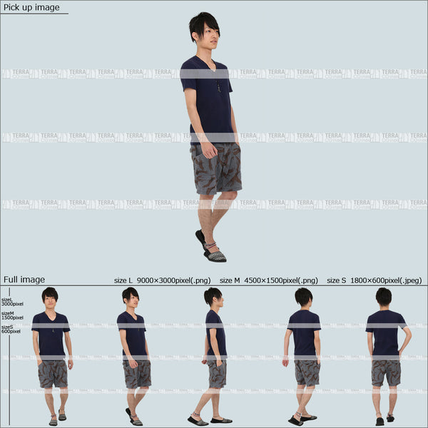 フリー人物切り抜き素材 Sサイズ無料 夏服 歩くカジュアル1男性F 5方向セット