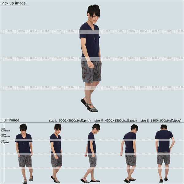 フリー人物切り抜き素材 Sサイズ無料 夏服 下 見る 見下ろす 歩くカジュアル1男性F 5方向セット