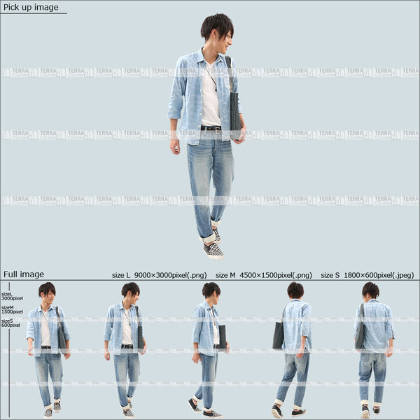 フリー人物切り抜き素材 Sサイズ無料 夏服 下 見る 見下ろす 歩くカジュアル2男性F 5方向セット