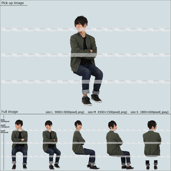 フリー人物切り抜き素材 Sサイズ無料 横 話す 座るカジュアル1男性F 5方向セット