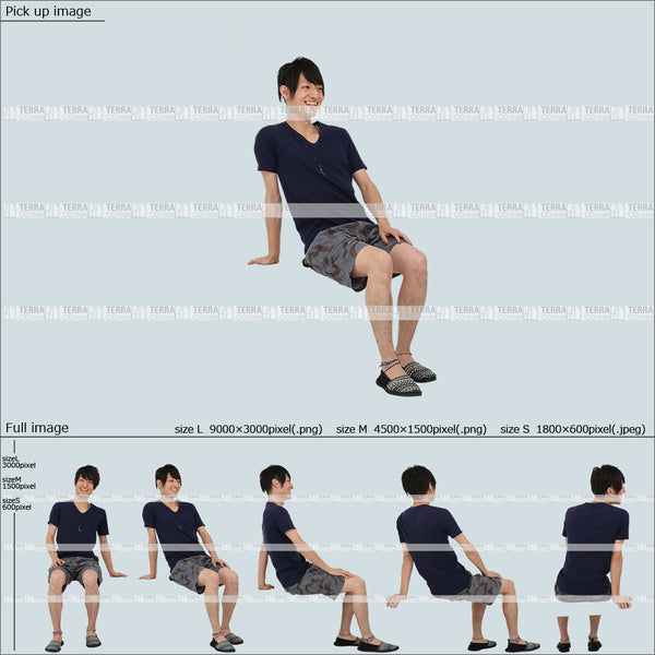 フリー人物切り抜き素材 Sサイズ無料 夏服 前 話す 座るカジュアル1男性F 5方向セット