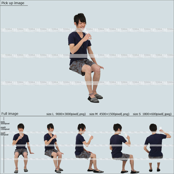 フリー人物切り抜き素材 Sサイズ無料 夏服 グラス コップ ドリンクを飲む 座るカジュアル1男性F 5方向セット