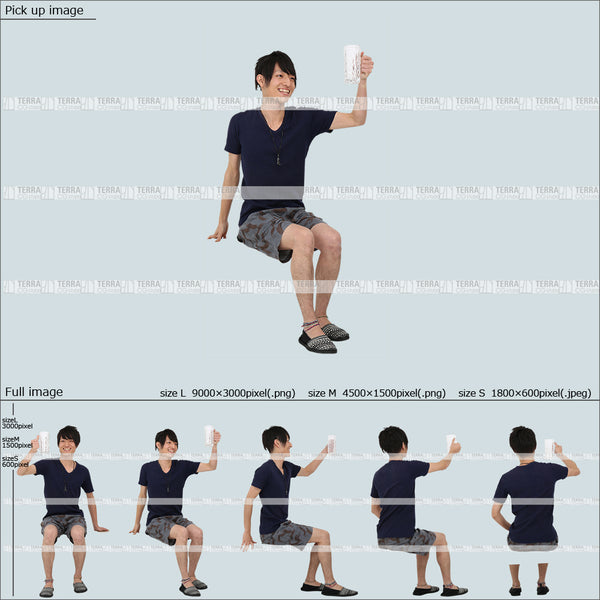 フリー人物切り抜き素材 Sサイズ無料 夏服 ジョッキ ビールを飲む 座るカジュアル1男性F 5方向セット