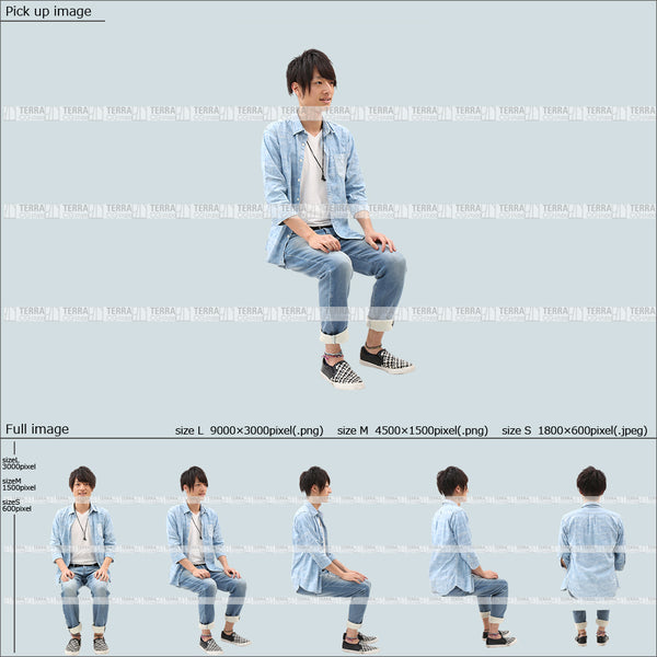 フリー人物切り抜き素材 Sサイズ無料 夏服 前 話す 座るカジュアル2男性F 5方向セット