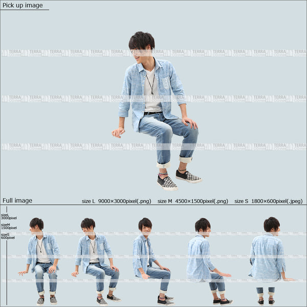 フリー人物切り抜き素材 Sサイズ無料 夏服 横 話す 座るカジュアル2男性F 5方向セット